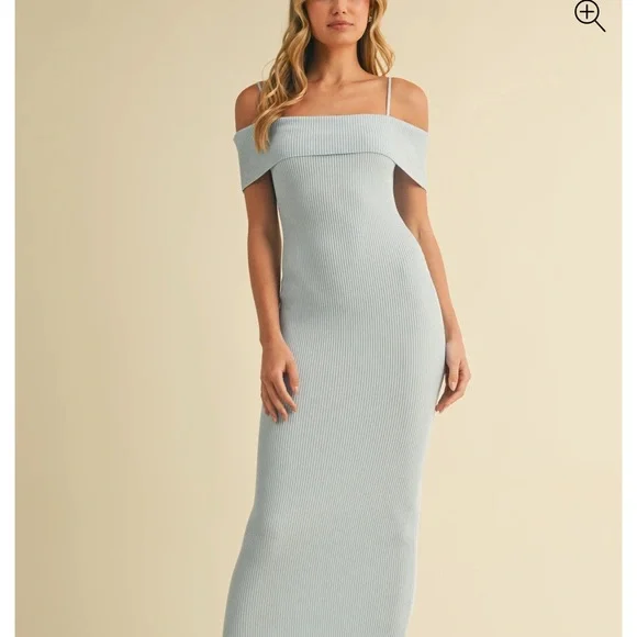 💙NWT Baby Blue Rib Knit Off Shoulder Maternity Midi Dress - Picture 3 of 9